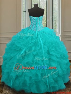 Delicate Aqua Blue Organza Lace Up 15th Birthday Dress Sleeveless Floor Length Beading and Ruffles