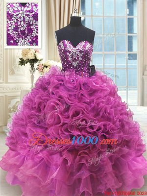 Fuchsia Quinceanera Dresses Military Ball and Sweet 16 and Quinceanera and For with Beading and Ruffles Sweetheart Sleeveless Lace Up