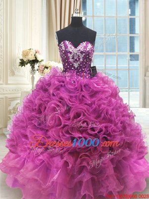 Fuchsia Quinceanera Dresses Military Ball and Sweet 16 and Quinceanera and For with Beading and Ruffles Sweetheart Sleeveless Lace Up