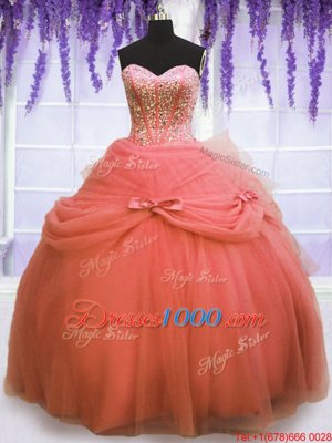 Elegant Three Piece Watermelon Red Ball Gowns Tulle Sweetheart Sleeveless Beading and Bowknot Floor Length Lace Up Quinceanera Dress