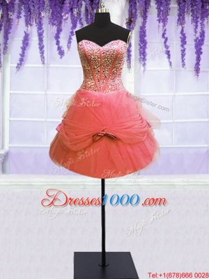 Elegant Three Piece Watermelon Red Ball Gowns Tulle Sweetheart Sleeveless Beading and Bowknot Floor Length Lace Up Quinceanera Dress