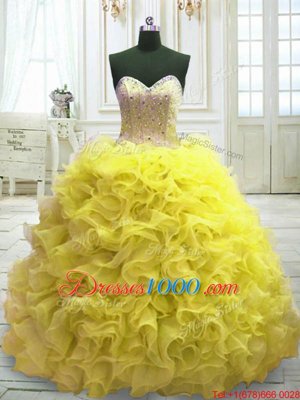 Glamorous Beading and Ruffles Sweet 16 Quinceanera Dress Yellow Lace Up Sleeveless Sweep Train