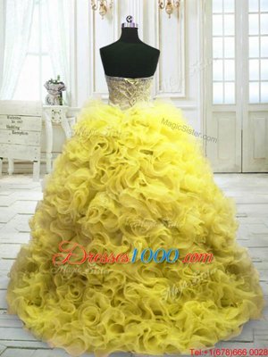 Glamorous Beading and Ruffles Sweet 16 Quinceanera Dress Yellow Lace Up Sleeveless Sweep Train