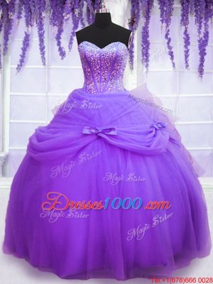 Floor Length Lace Up Quinceanera Dress Lavender and In with Beading and Bowknot