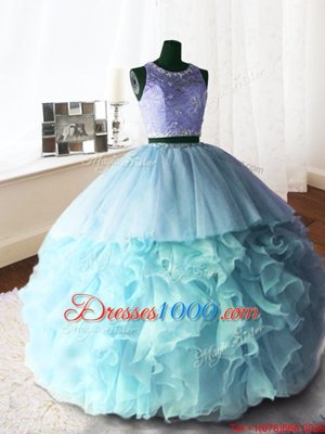 Comfortable Organza Sweetheart Sleeveless Lace Up Beading and Ruffles Ball Gown Prom Dress in Baby Blue