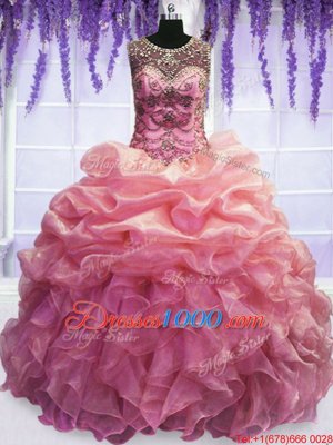 Traditional Scoop Organza Sleeveless Floor Length Quince Ball Gowns and Beading and Pick Ups