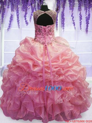 Traditional Scoop Organza Sleeveless Floor Length Quince Ball Gowns and Beading and Pick Ups