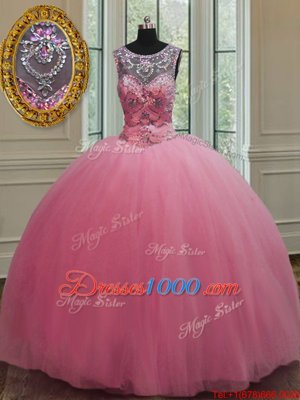Scoop Sleeveless Lace Up Floor Length Beading 15 Quinceanera Dress