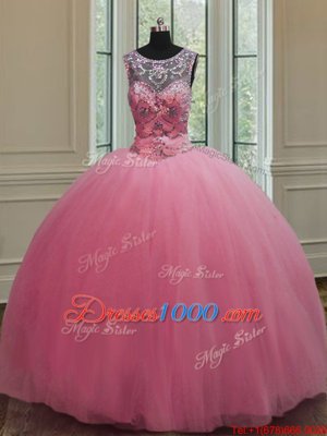 Scoop Sleeveless Lace Up Floor Length Beading 15 Quinceanera Dress