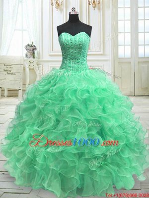 Pretty Green Sleeveless Floor Length Beading and Ruffles Lace Up Sweet 16 Dresses