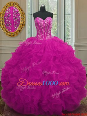 Popular Fuchsia Sleeveless Organza Lace Up Quinceanera Dresses for Military Ball and Sweet 16 and Quinceanera