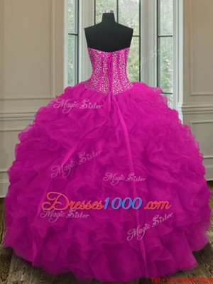 Popular Fuchsia Sleeveless Organza Lace Up Quinceanera Dresses for Military Ball and Sweet 16 and Quinceanera