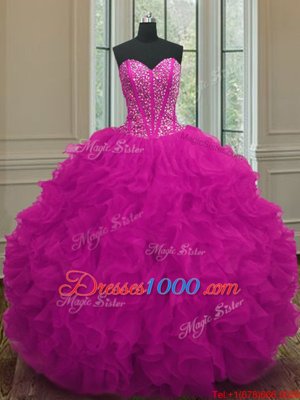 Popular Fuchsia Sleeveless Organza Lace Up Quinceanera Dresses for Military Ball and Sweet 16 and Quinceanera