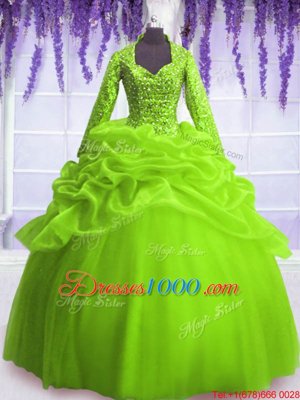 Fashionable Zipper V-neck Sequins and Pick Ups Quinceanera Dresses Organza Long Sleeves