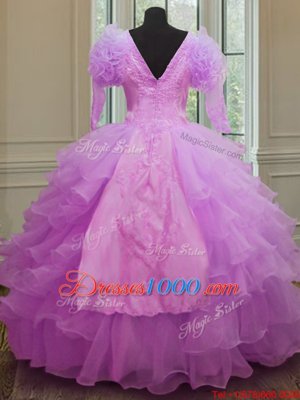 Colorful Long Sleeves Floor Length Ruffled Layers Zipper Sweet 16 Dress with Lilac