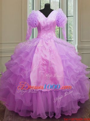 Colorful Long Sleeves Floor Length Ruffled Layers Zipper Sweet 16 Dress with Lilac