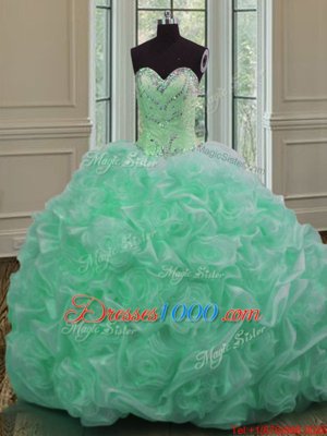 Sleeveless Organza Sweep Train Lace Up Vestidos de Quinceanera in Apple Green for with Beading and Pick Ups
