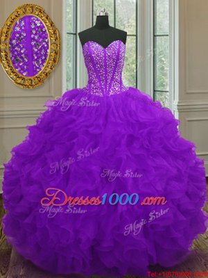 Purple Sweetheart Lace Up Beading and Ruffles Quince Ball Gowns Sleeveless