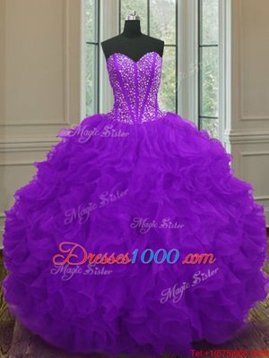 Purple Sweetheart Lace Up Beading and Ruffles Quince Ball Gowns Sleeveless