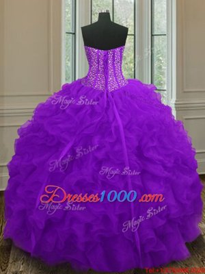Purple Sweetheart Lace Up Beading and Ruffles Quince Ball Gowns Sleeveless