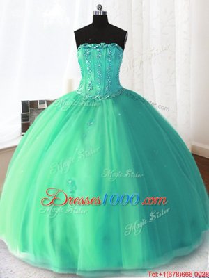 Turquoise Tulle Lace Up Quinceanera Dresses Sleeveless Floor Length Beading and Appliques