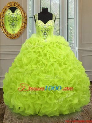 Sweet Straps Straps Yellow Green Organza Zipper Sweet 16 Quinceanera Dress Sleeveless Floor Length Beading and Ruffles