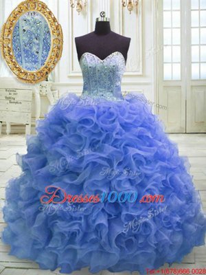 Enchanting Lace Up Quinceanera Gown Blue and In for Military Ball and Sweet 16 and Quinceanera with Beading and Ruffles Sweep Train