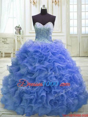 Enchanting Lace Up Quinceanera Gown Blue and In for Military Ball and Sweet 16 and Quinceanera with Beading and Ruffles Sweep Train
