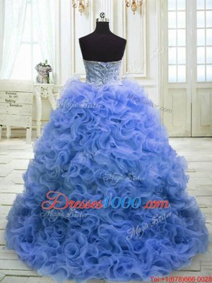 Enchanting Lace Up Quinceanera Gown Blue and In for Military Ball and Sweet 16 and Quinceanera with Beading and Ruffles Sweep Train