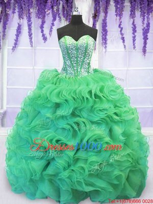 Sexy Organza Sweetheart Sleeveless Brush Train Lace Up Beading and Ruffles Quinceanera Gown in Turquoise