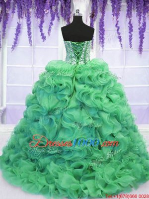 Sexy Organza Sweetheart Sleeveless Brush Train Lace Up Beading and Ruffles Quinceanera Gown in Turquoise