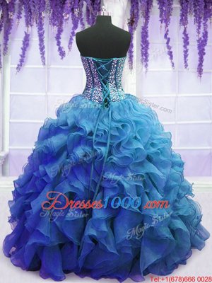 Modern Blue Organza Lace Up Sweetheart Sleeveless Floor Length 15 Quinceanera Dress Beading and Ruffles