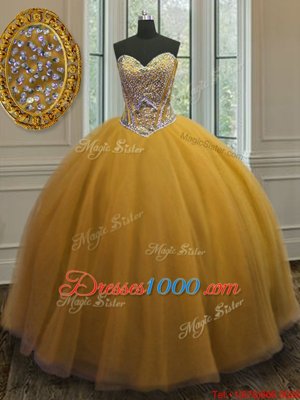 Beading Quinceanera Dress Gold Lace Up Sleeveless Floor Length