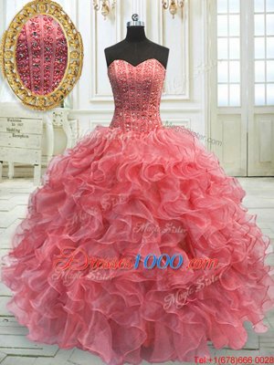 Eye-catching Sweetheart Sleeveless Quinceanera Dress Floor Length Beading and Ruffles Watermelon Red Organza