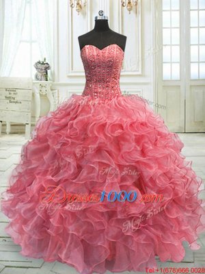 Eye-catching Sweetheart Sleeveless Quinceanera Dress Floor Length Beading and Ruffles Watermelon Red Organza