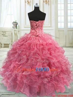 Eye-catching Sweetheart Sleeveless Quinceanera Dress Floor Length Beading and Ruffles Watermelon Red Organza