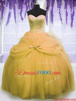 Colorful Gold Tulle Lace Up Quinceanera Dress Sleeveless Floor Length Beading and Bowknot