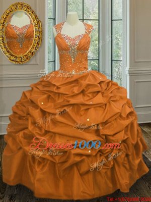 Custom Designed Straps Straps Floor Length Lace Up Quinceanera Dress Orange and In for Military Ball and Sweet 16 and Quinceanera with Beading and Pick Ups