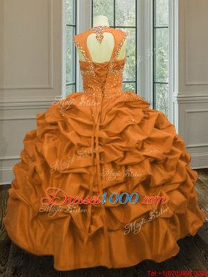 Custom Designed Straps Straps Floor Length Lace Up Quinceanera Dress Orange and In for Military Ball and Sweet 16 and Quinceanera with Beading and Pick Ups