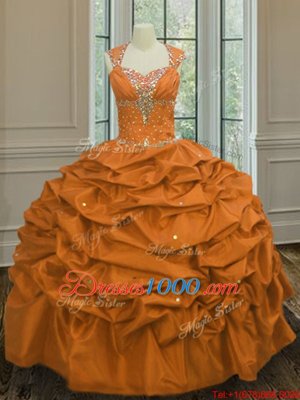 Custom Designed Straps Straps Floor Length Lace Up Quinceanera Dress Orange and In for Military Ball and Sweet 16 and Quinceanera with Beading and Pick Ups