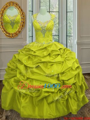 Straps Straps Yellow Green Sleeveless Beading and Pick Ups Floor Length Quinceanera Dresses