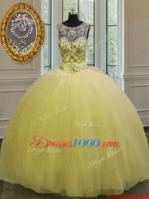 Scoop Sleeveless Backless Floor Length Beading and Appliques 15th Birthday Dress