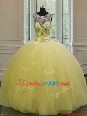 Scoop Sleeveless Backless Floor Length Beading and Appliques 15th Birthday Dress