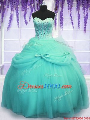 Custom Designed Tulle Sweetheart Sleeveless Lace Up Beading and Sequins and Bowknot Sweet 16 Quinceanera Dress in Aqua Blue