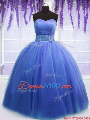 Fabulous Blue Ball Gowns Sweetheart Sleeveless Tulle Floor Length Lace Up Beading and Belt Quinceanera Dress