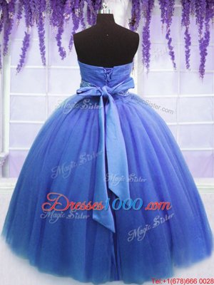 Fabulous Blue Ball Gowns Sweetheart Sleeveless Tulle Floor Length Lace Up Beading and Belt Quinceanera Dress