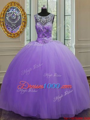 Ball Gowns 15th Birthday Dress Lavender Scoop Tulle Sleeveless Floor Length Lace Up