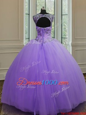 Ball Gowns 15th Birthday Dress Lavender Scoop Tulle Sleeveless Floor Length Lace Up