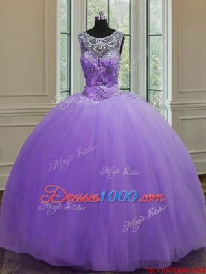 Ball Gowns 15th Birthday Dress Lavender Scoop Tulle Sleeveless Floor Length Lace Up