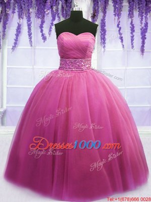 Adorable Rose Pink Tulle Lace Up Quinceanera Gown Sleeveless Floor Length Beading and Belt